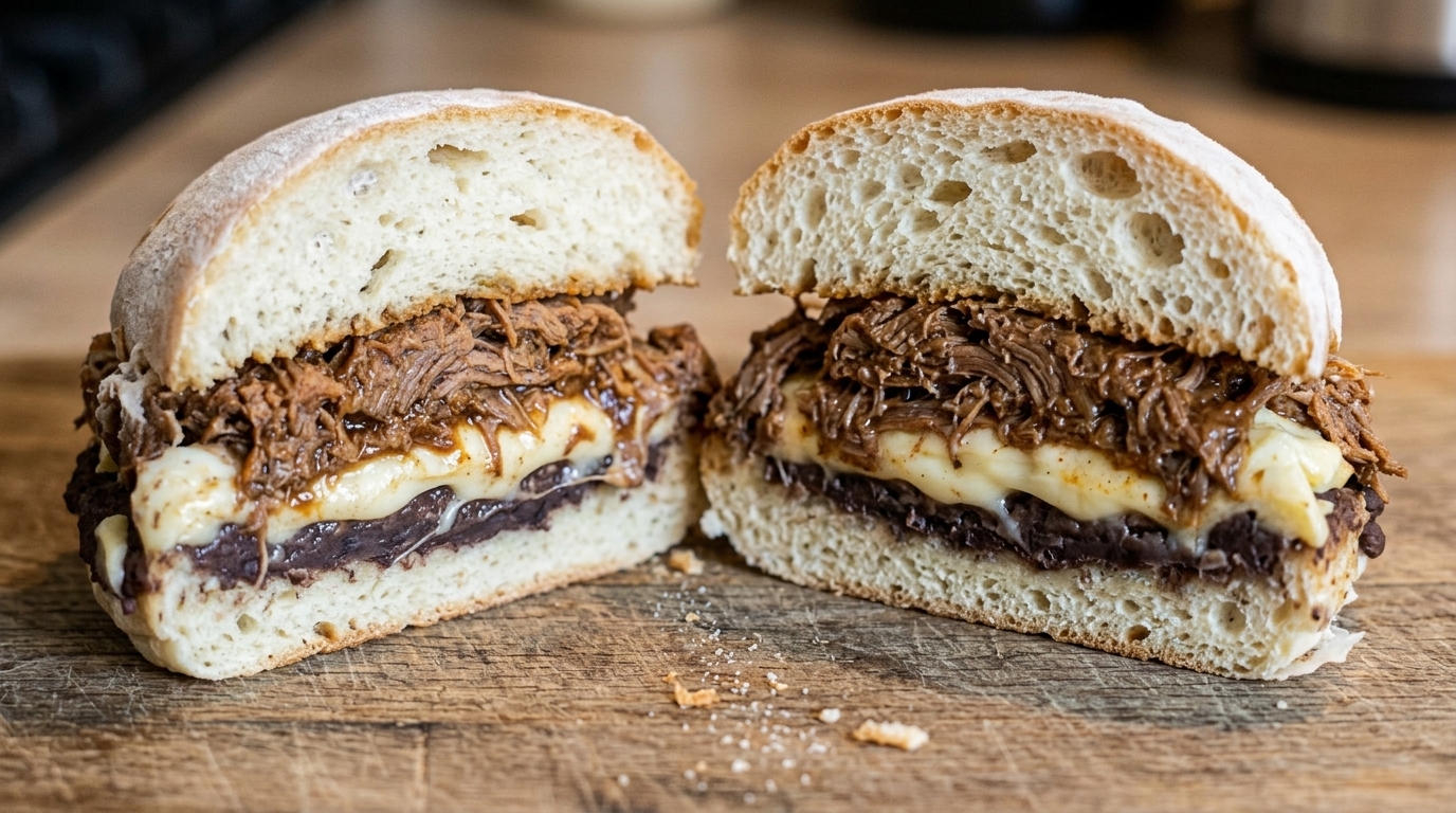 Corte transversal de pambazo con barbacoa y queso derretido